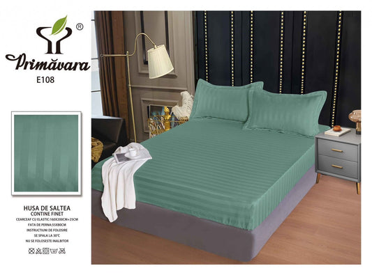 Husa de Pat cu Elastic din Damasc Finetat, 160x200cm+2 Fete de Perna, Verde Menta-P7843