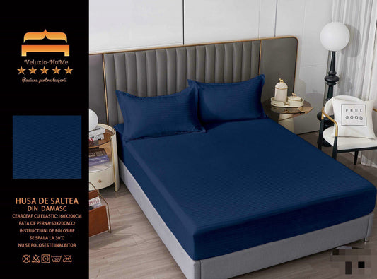 Husa de Pat cu Elastic din Damasc Finetat, 160x200cm+2 Fete de Perna, Bleumarin-M8200
