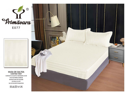 Husa de Pat cu Elastic din Damasc Finetat, 160x200cm+2 Fete de Perna, Crem-P7840