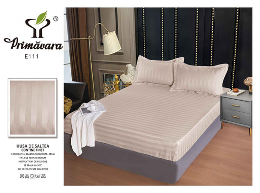 Husa de Pat cu Elastic din Damasc Finetat, 160x200cm+2 Fete de Perna, Bej-P7851