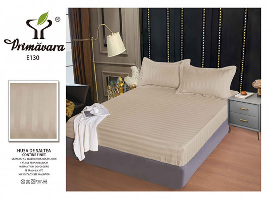 Husa de Pat cu Elastic din Damasc Finetat, 160x200cm+2 Fete de Perna, Bej-P7853