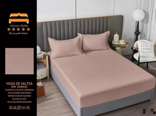Husa de Pat cu Elastic din Damasc Finetat, 180x200cm+2 Fete de Perna, Pudra-M8227
