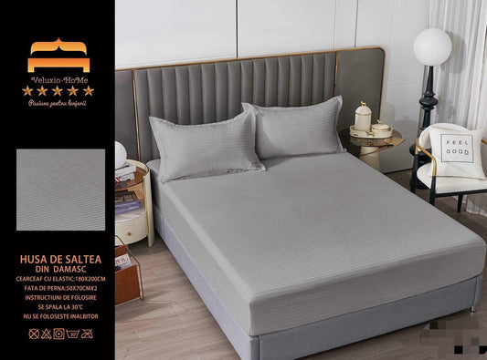 Husa de Pat cu Elastic din Damasc Finetat, 180x200cm+2 Fete de Perna, Gri Deschis-M8226