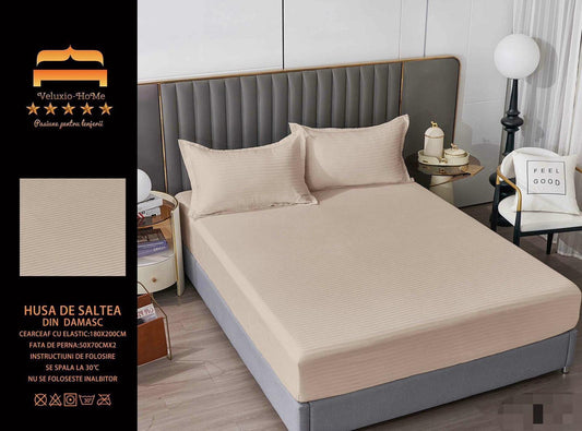 Husa de Pat cu Elastic din Damasc Finetat, 180x200cm+2 Fete de Perna, Bej-M8229