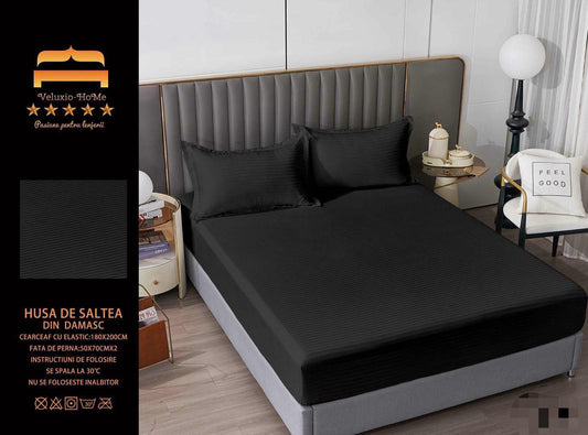 Husa de Pat cu Elastic din Damasc Finetat, 180x200cm+2 Fete de Perna, Negru-M8230