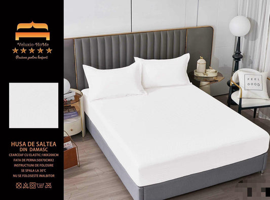 Husa de Pat cu Elastic din Damasc Finetat, 180x200cm+2 Fete de Perna, Alb-M8228