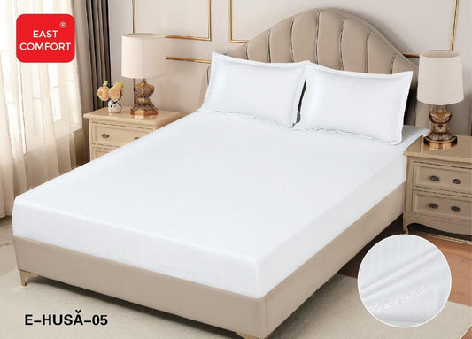 Husa de Pat cu Elastic din Damasc Finetat, 180x200cm+2 Fete de Perna, Alb-D8133