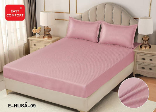 Husa de Pat cu Elastic din Damasc Finetat, 180x200cm+2 Fete de Perna, Roz-D8134