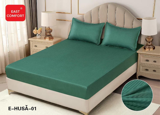 Husa de Pat cu Elastic din Damasc Finetat, 180x200cm+2 Fete de Perna, Verde-D8131