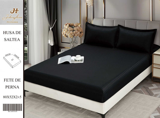 Husa de Pat cu Elastic din Damasc Finetat, 180x200cm+2 Fete de Perna, Negru-H8409