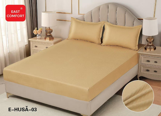 Husa de Pat cu Elastic din Damasc Finetat, 180x200cm+2 Fete de Perna, Bej-D8128