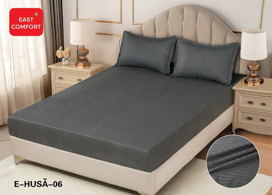 Husa de Pat cu Elastic din Damasc Finetat, 180x200cm+2 Fete de Perna, Gri Inchis-D8129