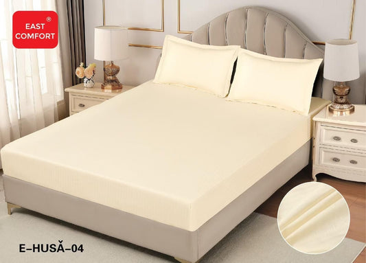 Husa de Pat cu Elastic din Damasc Finetat, 180x200cm+2 Fete de Perna, Crem-D8130