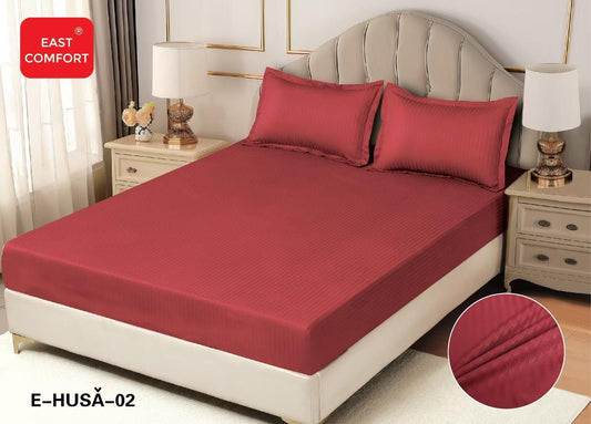 Husa de Pat cu Elastic din Damasc Finetat, 180x200cm+2 Fete de Perna, Rosu-D8127