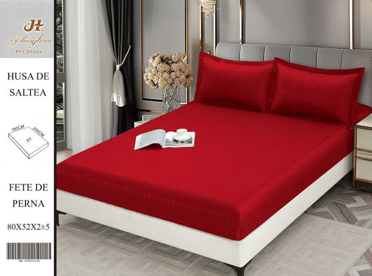 Husa de Pat cu Elastic din Damasc Finetat, 180x200cm+2 Fete de Perna, Rosu-H8410