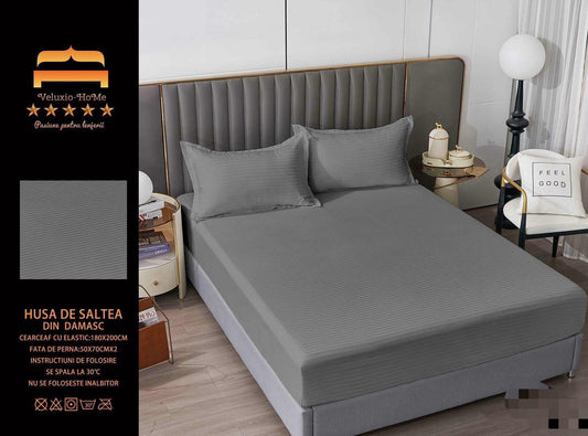 Husa de Pat cu Elastic din Damasc Finetat, 180x200cm+2 Fete de Perna, Gri Inchis-M8231