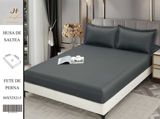 Husa de Pat cu Elastic din Damasc Finetat, 180x200cm+2 Fete de Perna, Gri Inchis-H8417