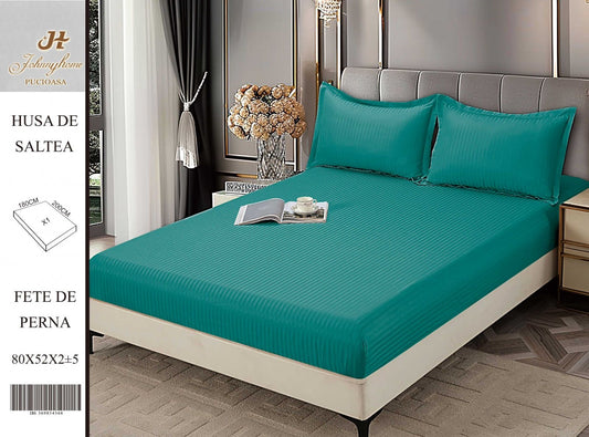 Husa de Pat cu Elastic din Damasc Finetat, 180x200cm+2 Fete de Perna, Turcoaz-H8420