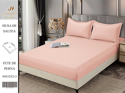 Husa de Pat cu Elastic din Damasc Finetat, 180x200cm+2 Fete de Perna, Corai-H8413