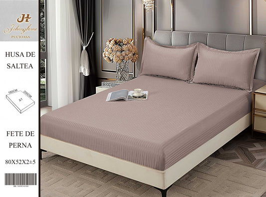 Husa de Pat cu Elastic din Damasc Finetat, 180x200cm+2 Fete de Perna, Roz Prafuit-H8415