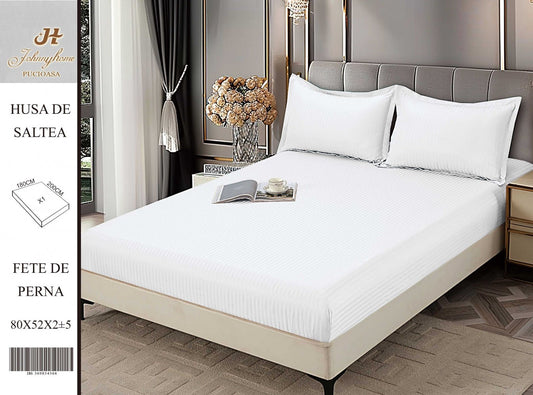 Husa de Pat cu Elastic din Damasc Finetat, 180x200cm+2 Fete de Perna, Alb-H8419