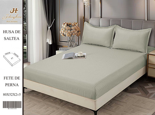 Husa de Pat cu Elastic din Damasc Finetat, 180x200cm+2 Fete de Perna, Verde Olive-H8418