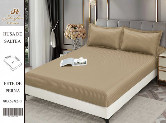 Husa de Pat cu Elastic din Damasc Finetat, 180x200cm+2 Fete de Perna, Bej-H8414