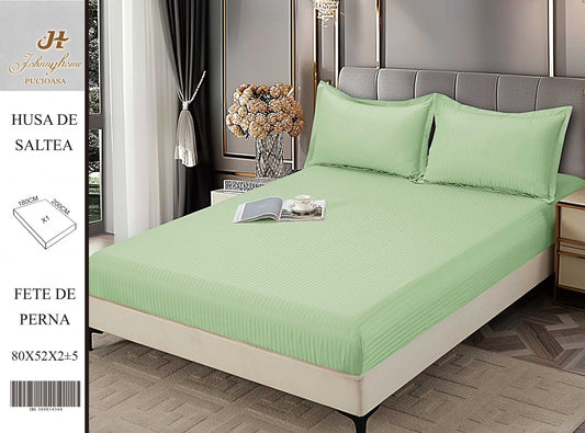 Husa de Pat cu Elastic din Damasc Finetat, 180x200cm+2 Fete de Perna, Verde Deschis-H8416