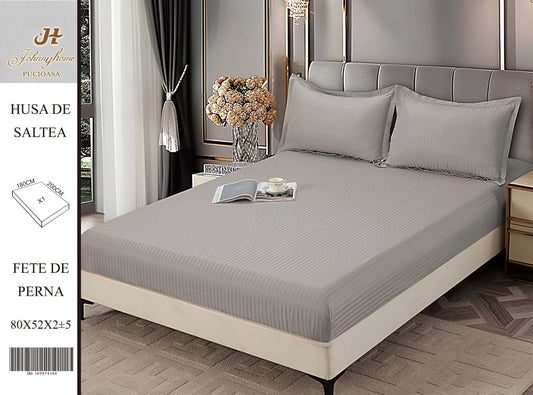 Husa de Pat cu Elastic din Damasc Finetat, 180x200cm+2 Fete de Perna, Gri Deschis-H8412