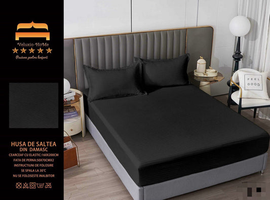 Husa de Pat cu Elastic din Damasc Finetat, 160x200cm+2 Fete de Perna, Negru-M8199