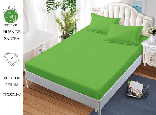 Husa de Pat cu Elastic, Din Finet, 180x200cm+2 fete de Perna, Verde Aprins Uni