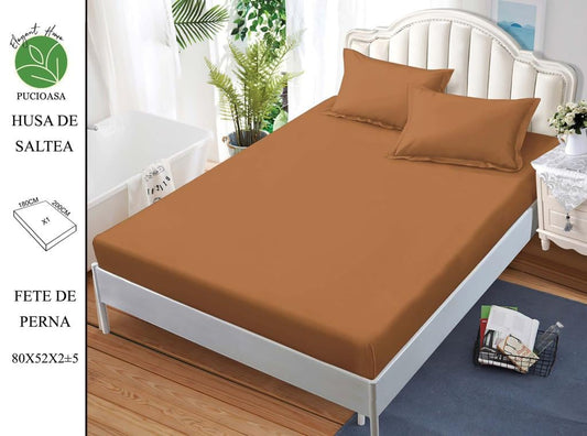 Husa de Pat cu Elastic, Din Finet, 180x200cm+2 fete de Perna, Bej Inchis Uni