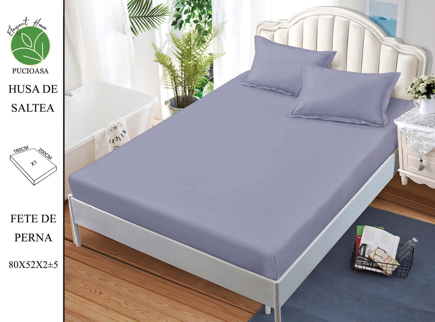 Husa de Pat cu Elastic, Din Finet, 180x200cm+2 fete de Perna, Lavender Uni