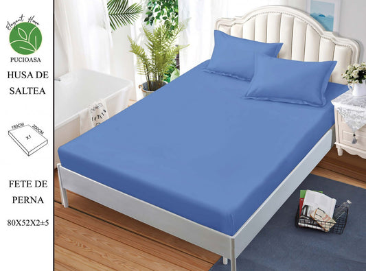 Husa de Pat cu Elastic, Din Finet, 180x200cm+2 fete de Perna, Bleu Uni