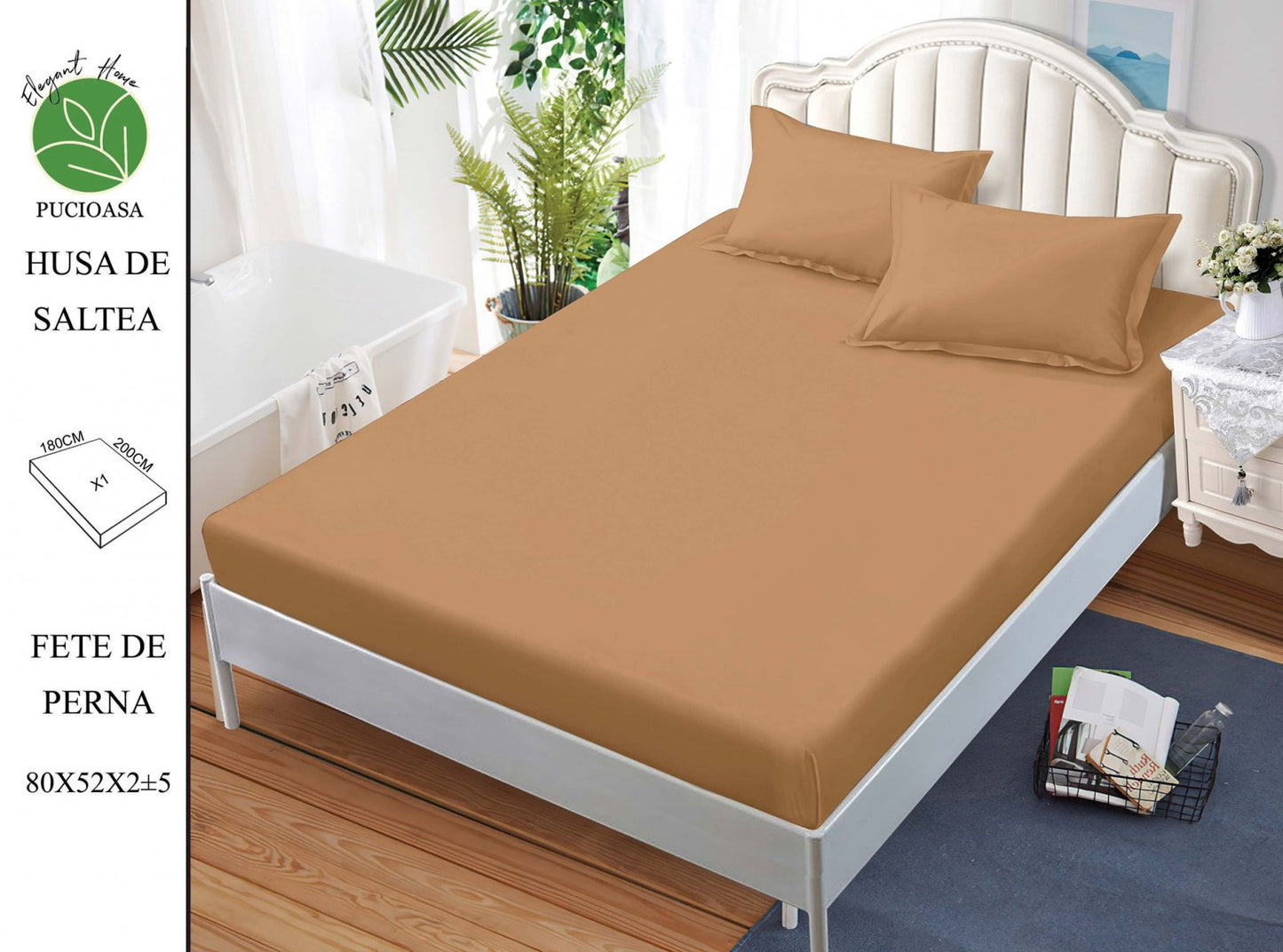 Husa de Pat cu Elastic, Din Finet, 180x200cm+2 fete de Perna, Bej Deschis