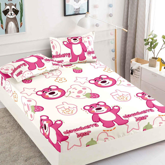 Husa de Pat cu Elastic, Din Finet, 180x200cm+2 fete de perna, Strawberry Bear-C6379