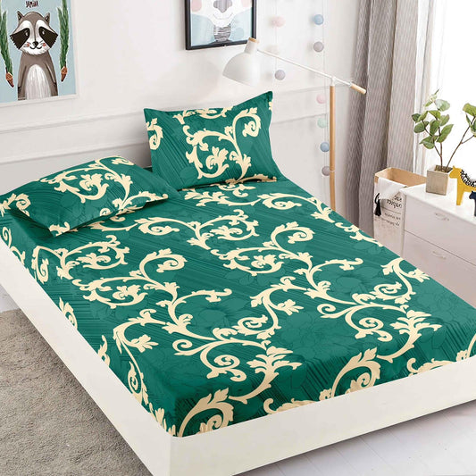 Husa de Pat cu Elastic, Din Finet, 180x200cm+2 fete de perna, Verde/Crem-C6380