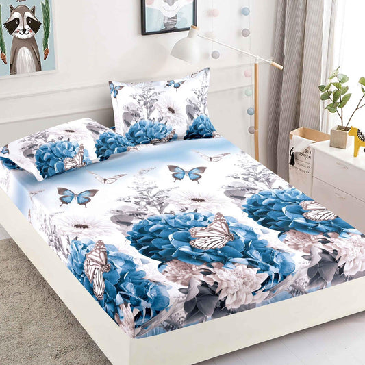 Husa de Pat cu Elastic, Din Finet, 180x200cm+2 fete de perna, Flori/Fluturi-C6429