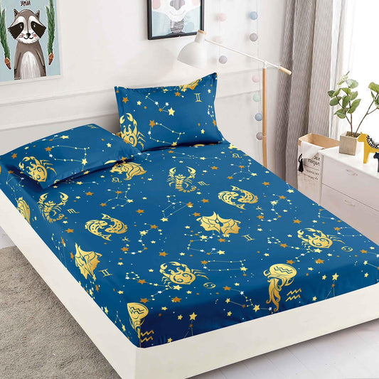 Husa de Pat cu Elastic, Din Finet, 180x200cm+2 fete de perna, Albastru/Zodiac-C6428