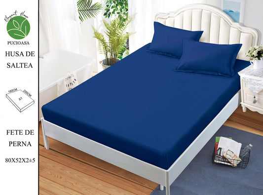 Husa de Pat cu Elastic, Din Finet, 180x200cm+2 fete de Perna, Bleumarin Uni