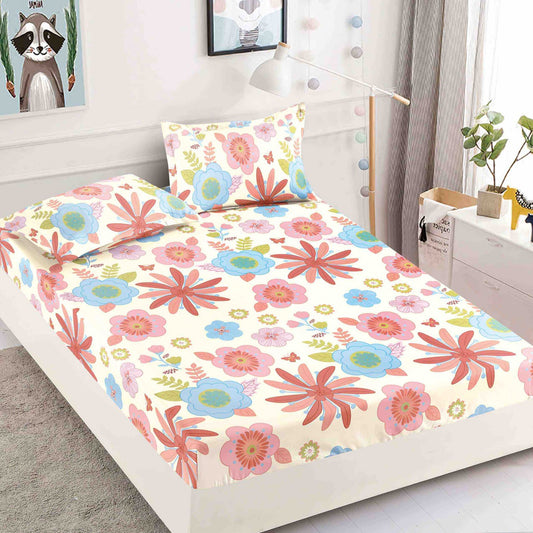 Husa de Pat cu Elastic, Din Finet, 180x200cm+2 fete de perna, Crem/Flori-C6490