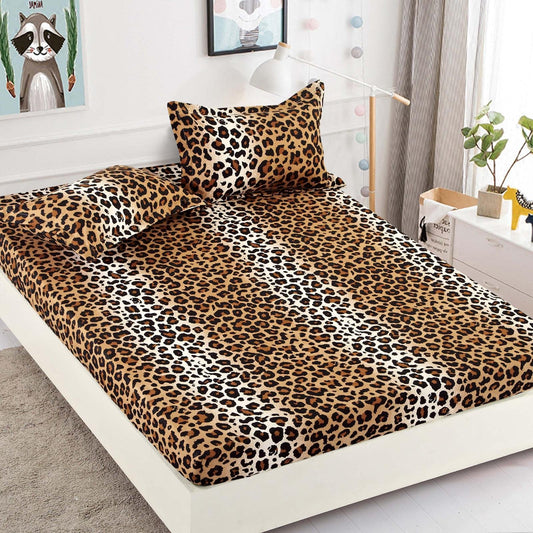 Husa de Pat cu Elastic, Din Finet, 180x200cm+2 fete de perna, Leopard-C2145