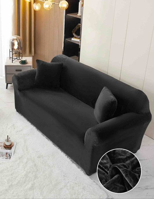 Husa Elastica din Catifea Pentru Canapea 2 Locuri+Fata de Perna, Negru-C8172