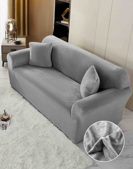 Husa Elastica din Catifea Pentru Canapea 3 Locuri+Fata de Perna, Gri Deschis-C8253