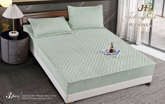 Husa matlasata tip topper din catifea, 160x200cm+2 fete de perna 50x70cm, Verde Fistic-H6808