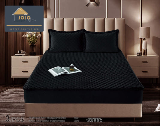 Husa matlasata tip topper din catifea, 160x200cm+2 fete de perna 50x70cm, Negru