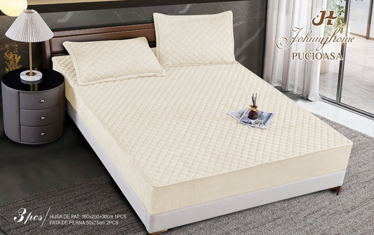 Husa matlasata tip topper din catifea, 160x200cm+2 fete de perna 50x70cm, Crem-H6812
