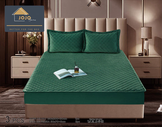Husa matlasata tip topper din catifea, 160x200cm+2 fete de perna 50x70cm, Verde