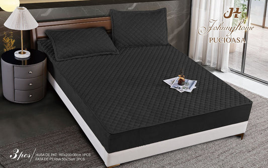 Husa matlasata tip topper din catifea, 160x200cm+2 fete de perna 50x70cm, Negru-H6813