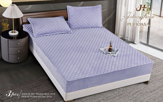 Husa matlasata tip topper din catifea, 160x200cm+2 fete de perna 50x70cm, Lila-H6807